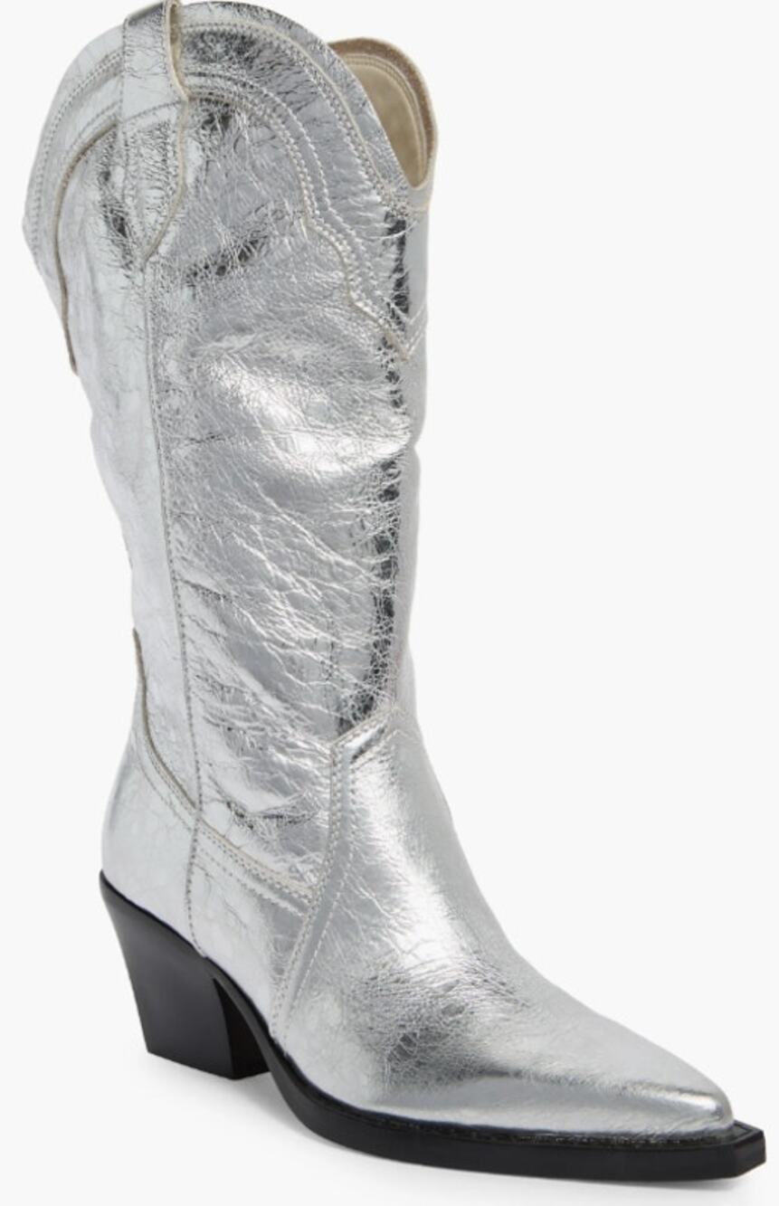 Dolce Vita Rasima Leather Metallic Silver Cowboy Boots Low Heeled Pointy Size 9